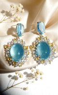 Vintage Oval Cabochon Blue Zircon Sunflower Drop Earrings, Gold Plated Hypoallergenic Bridal Evening Dangle Earring
