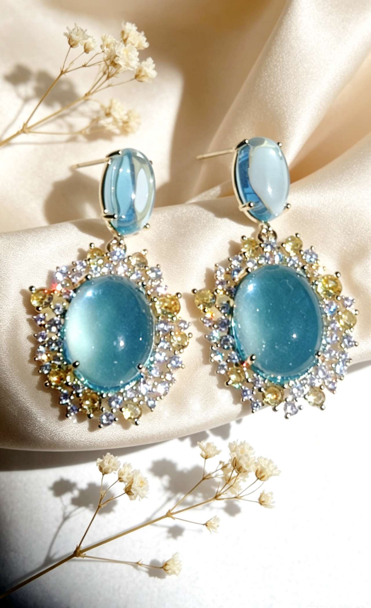 Vintage Oval Cabochon Blue Zircon Sunflower Drop Earrings, Gold Plated Hypoallergenic Bridal Evening Dangle Earring