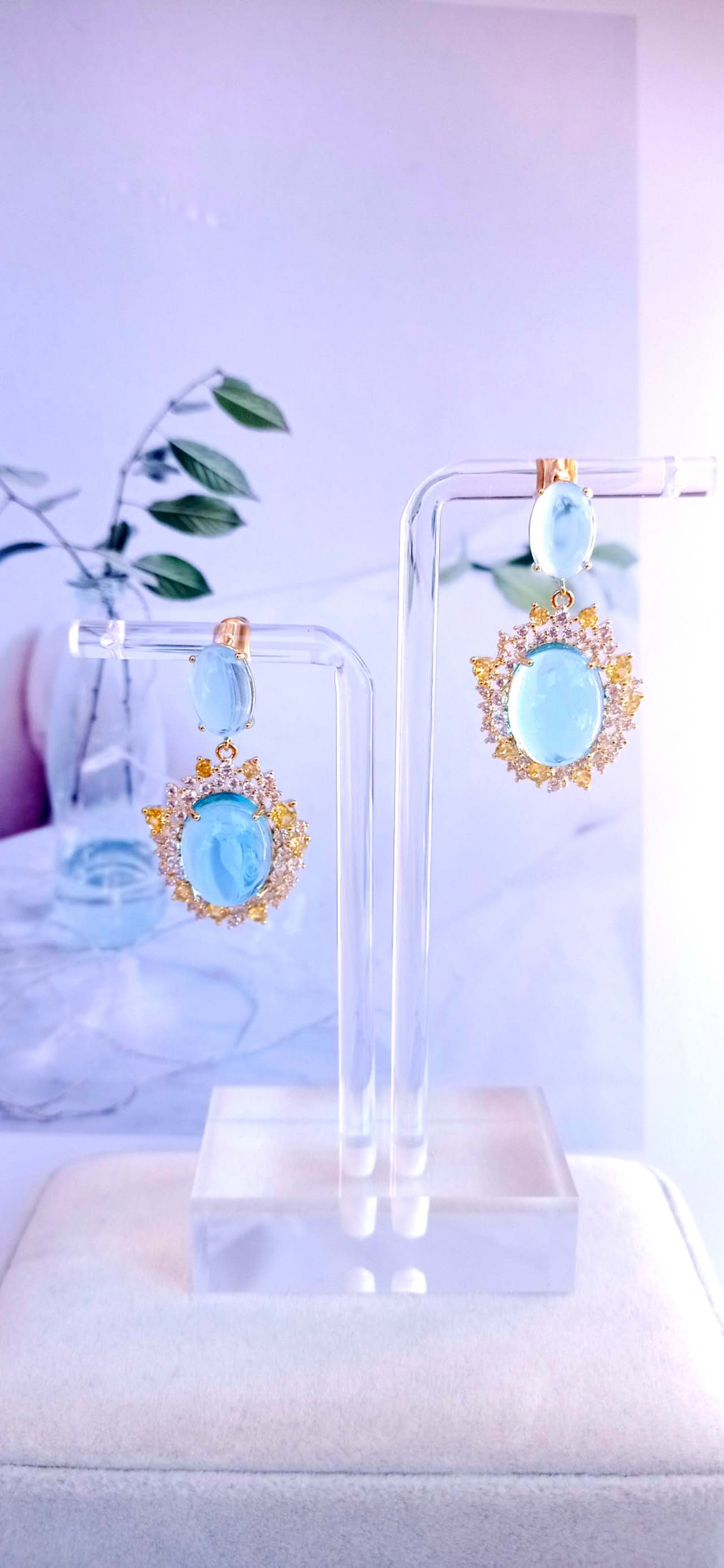 Vintage Oval Cabochon Blue Zircon Sunflower Drop Earrings, Gold Plated Hypoallergenic Bridal Evening Dangle Earring