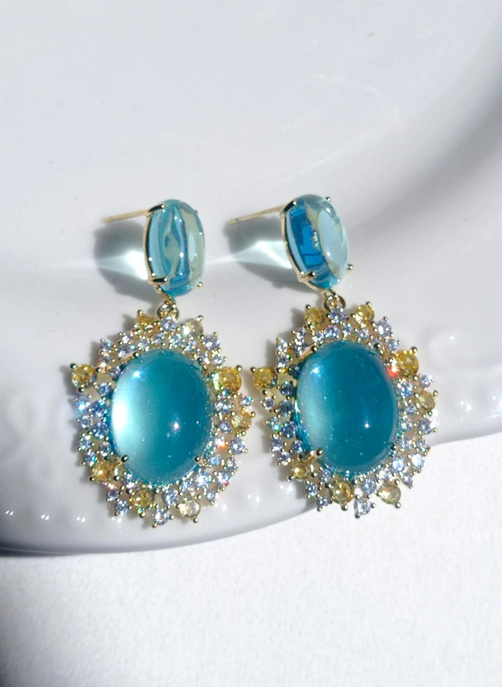 Vintage Oval Cabochon Blue Zircon Sunflower Drop Earrings, Gold Plated Hypoallergenic Bridal Evening Dangle Earring