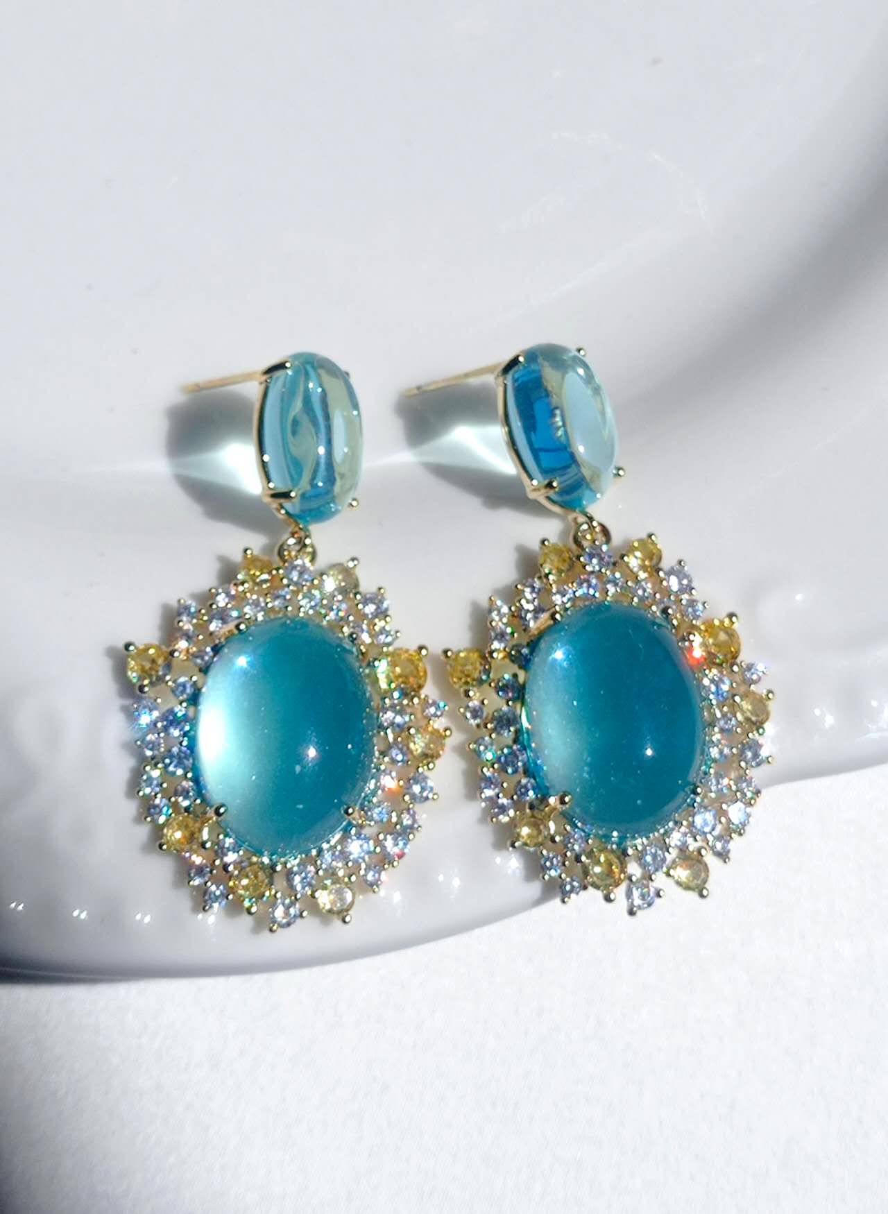 Vintage Oval Cabochon Blue Zircon Sunflower Drop Earrings, Gold Plated Hypoallergenic Bridal Evening Dangle Earring