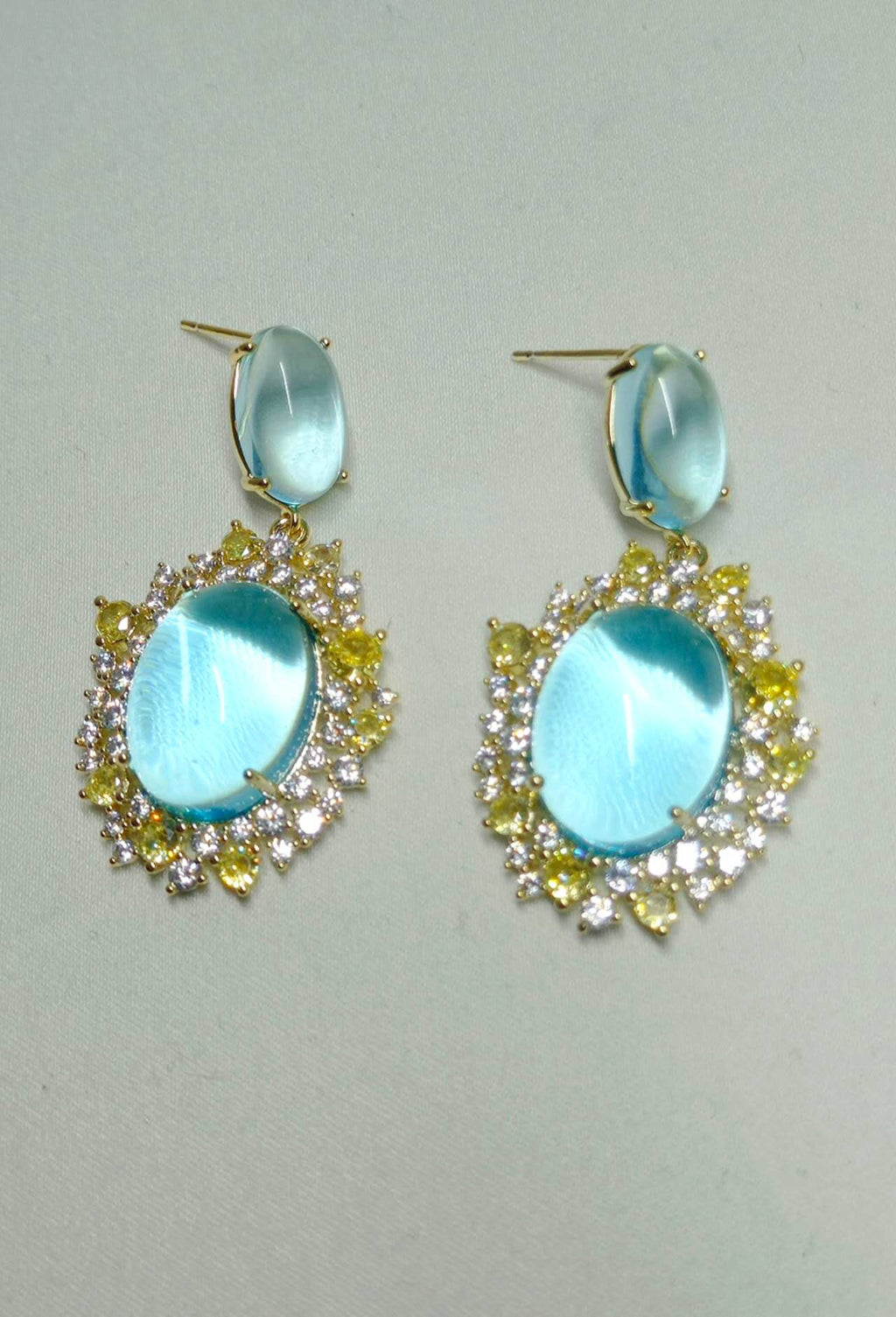 Vintage Oval Cabochon Blue Zircon Sunflower Drop Earrings, Gold Plated Hypoallergenic Bridal Evening Dangle Earring