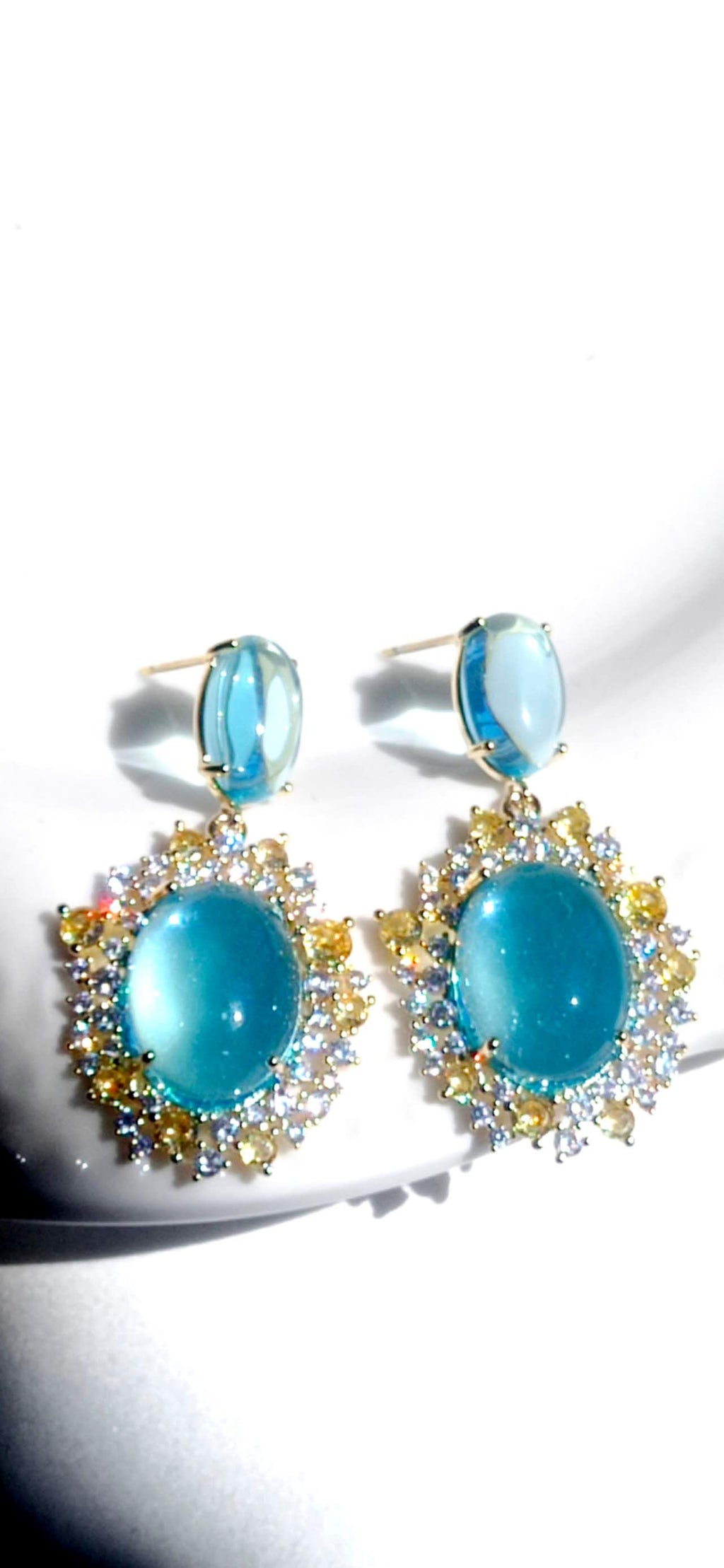 Vintage Oval Cabochon Blue Zircon Sunflower Drop Earrings, Gold Plated Hypoallergenic Bridal Evening Dangle Earring