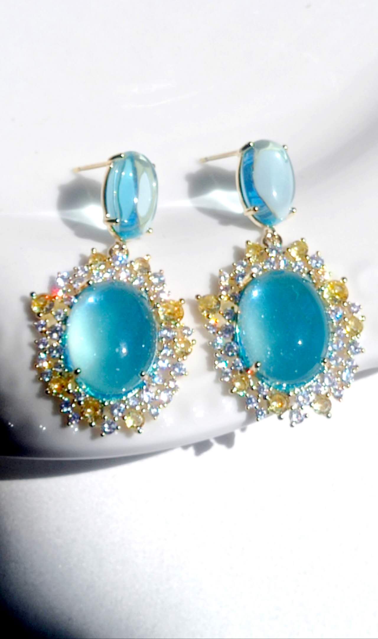 Vintage Oval Cabochon Blue Zircon Sunflower Drop Earrings, Gold Plated Hypoallergenic Bridal Evening Dangle Earring