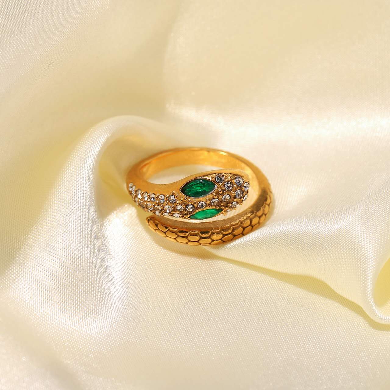 Gold Plated Snake Ring with Green/Red Cubic Zirconia Eyes, Hypoallergenic