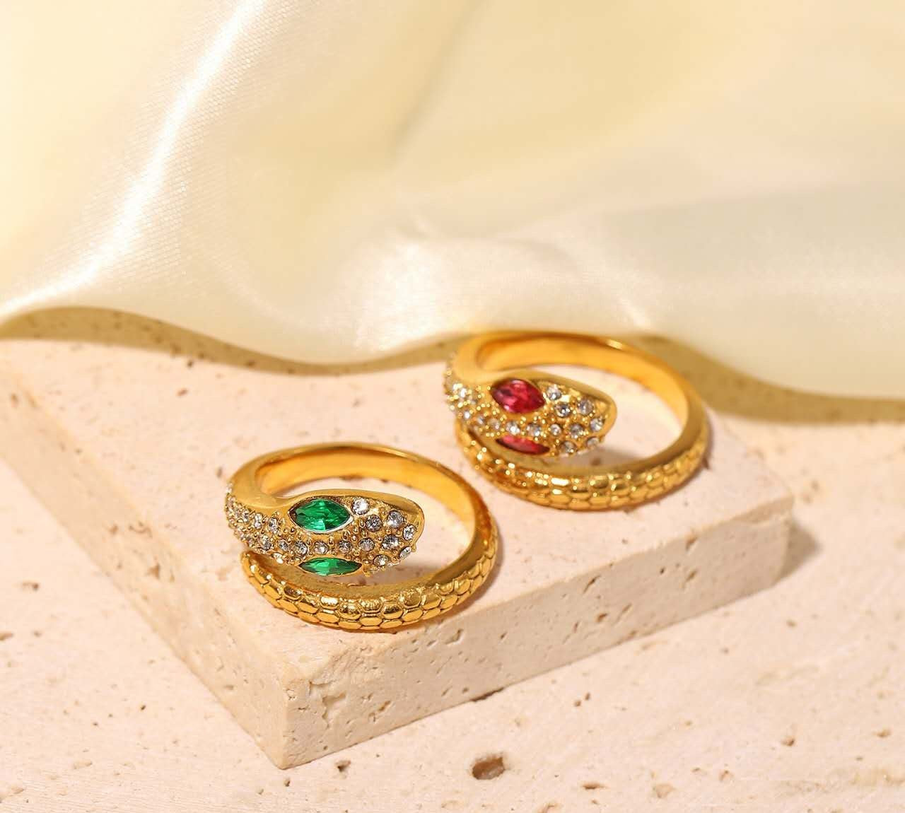 Gold Plated Snake Ring with Green/Red Cubic Zirconia Eyes, Hypoallergenic