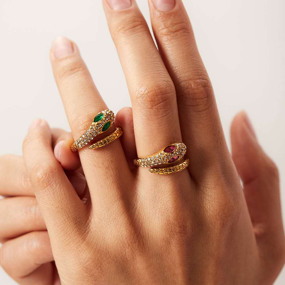 Gold Plated Snake Ring with Green/Red Cubic Zirconia Eyes, Hypoallergenic