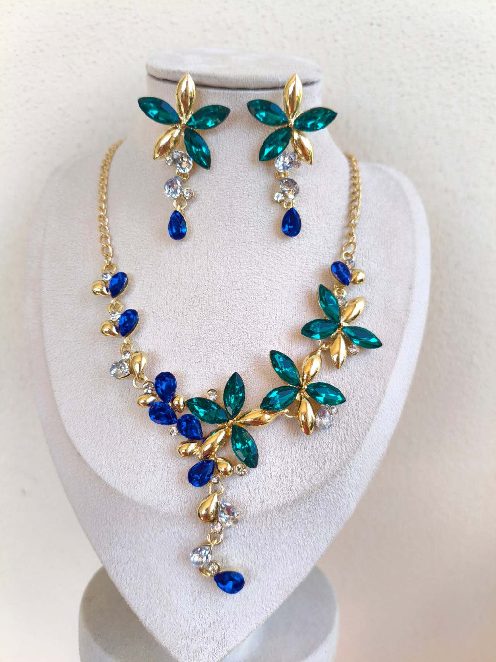 Emerald & Sapphire Floral Crystal Jewelry Set, Formal Wedding Rhinestone Necklace & Earrings Set