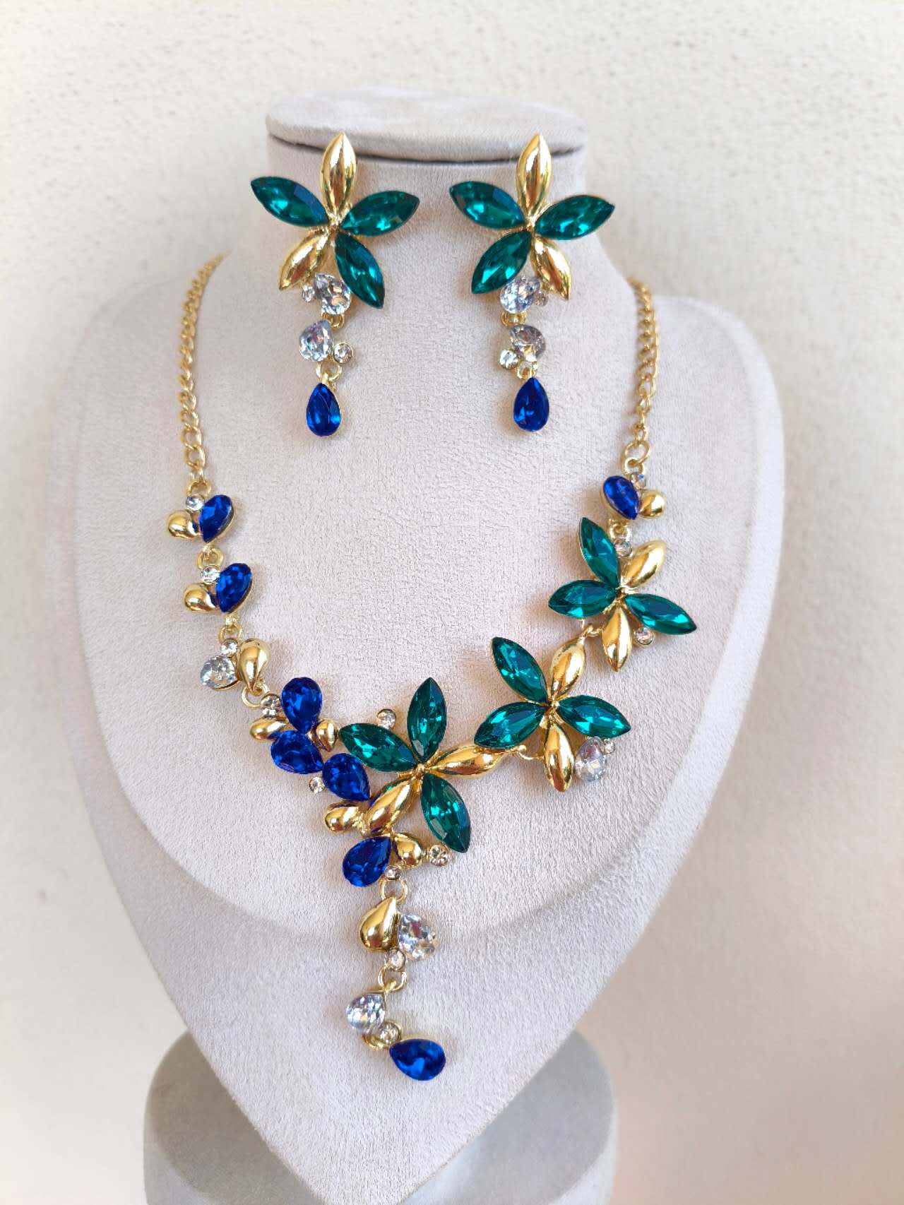 Emerald & Sapphire Floral Crystal Jewelry Set, Formal Wedding Rhinestone Necklace & Earrings Set