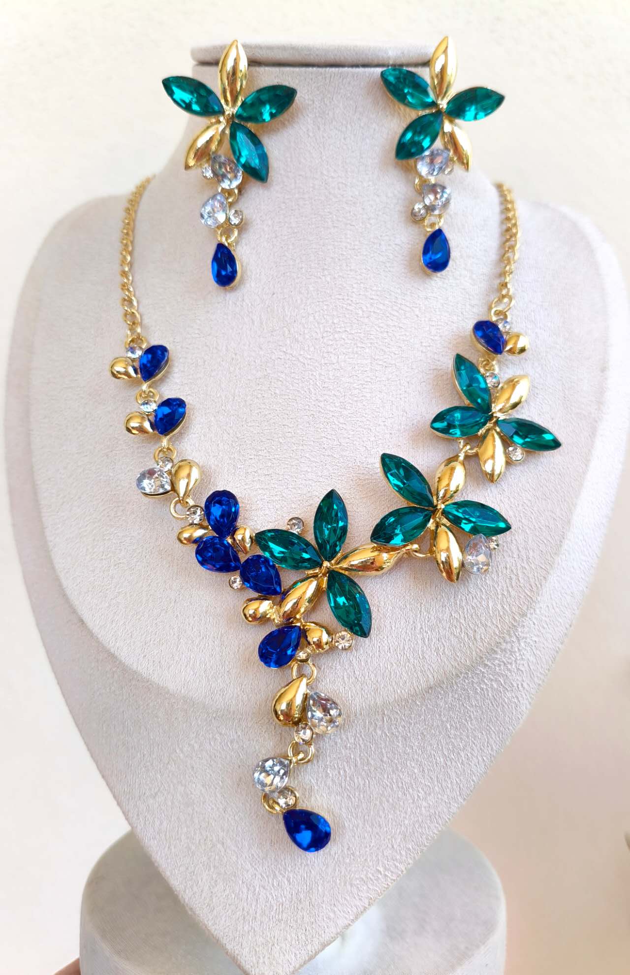 Emerald & Sapphire Floral Crystal Jewelry Set, Formal Wedding Rhinestone Necklace & Earrings Set