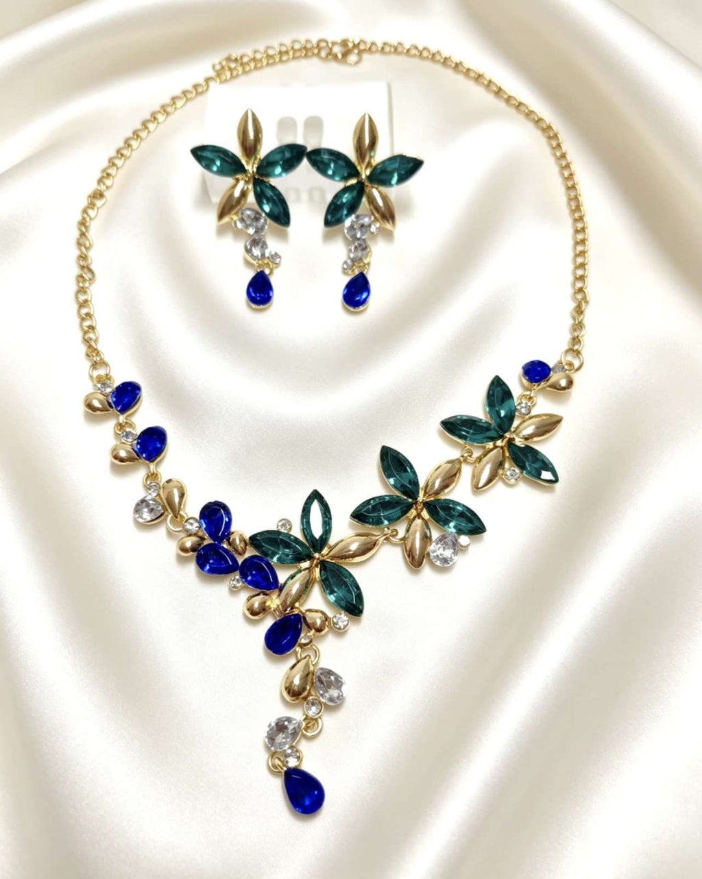 Emerald & Sapphire Floral Crystal Jewelry Set, Formal Wedding Rhinestone Necklace & Earrings Set