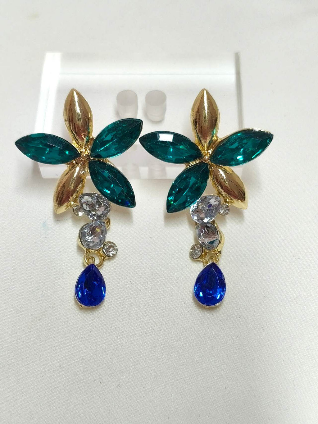 Emerald & Sapphire Floral Crystal Jewelry Set, Formal Wedding Rhinestone Necklace & Earrings Set