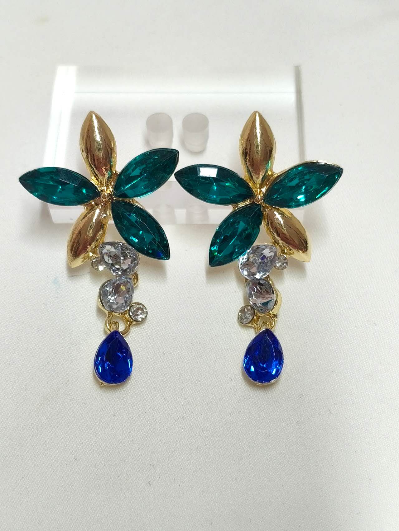 Emerald & Sapphire Floral Crystal Jewelry Set, Formal Wedding Rhinestone Necklace & Earrings Set