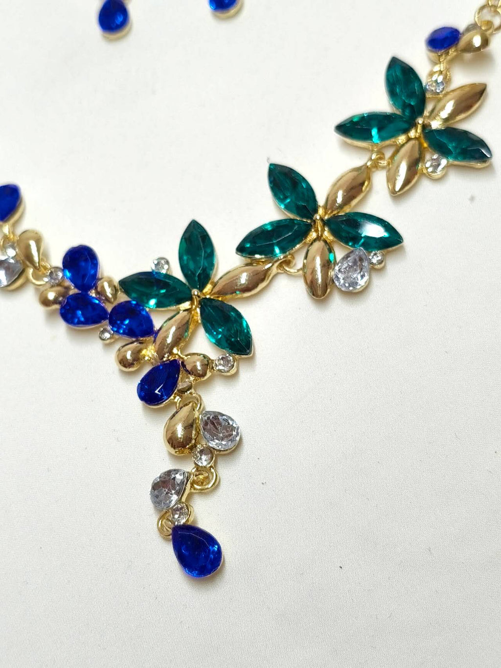 Emerald & Sapphire Floral Crystal Jewelry Set, Formal Wedding Rhinestone Necklace & Earrings Set