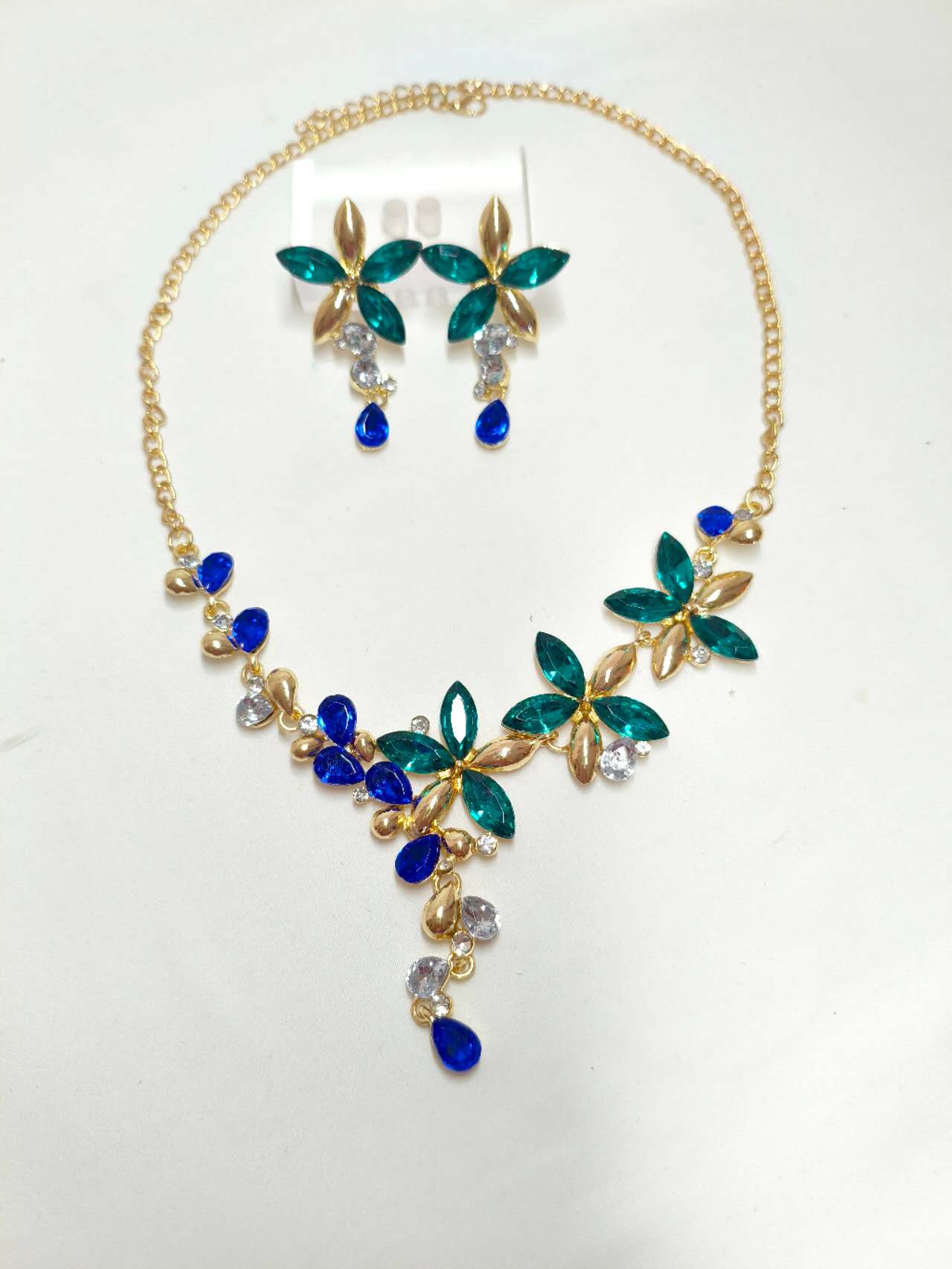 Emerald & Sapphire Floral Crystal Jewelry Set, Formal Wedding Rhinestone Necklace & Earrings Set