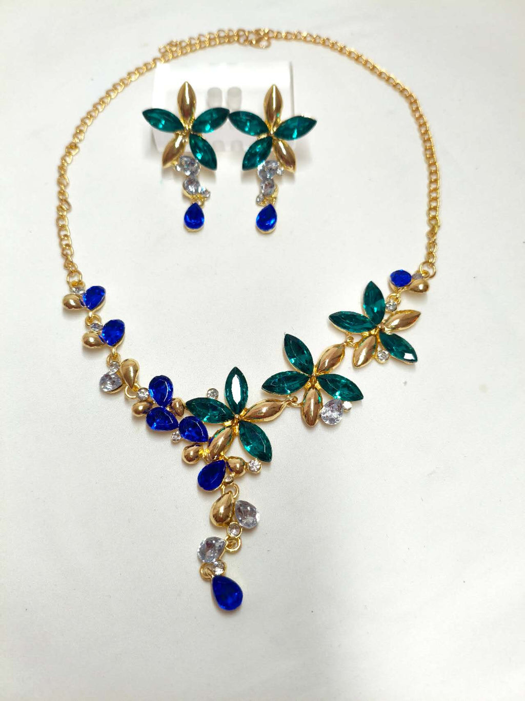 Emerald & Sapphire Floral Crystal Jewelry Set, Formal Wedding Rhinestone Necklace & Earrings Set