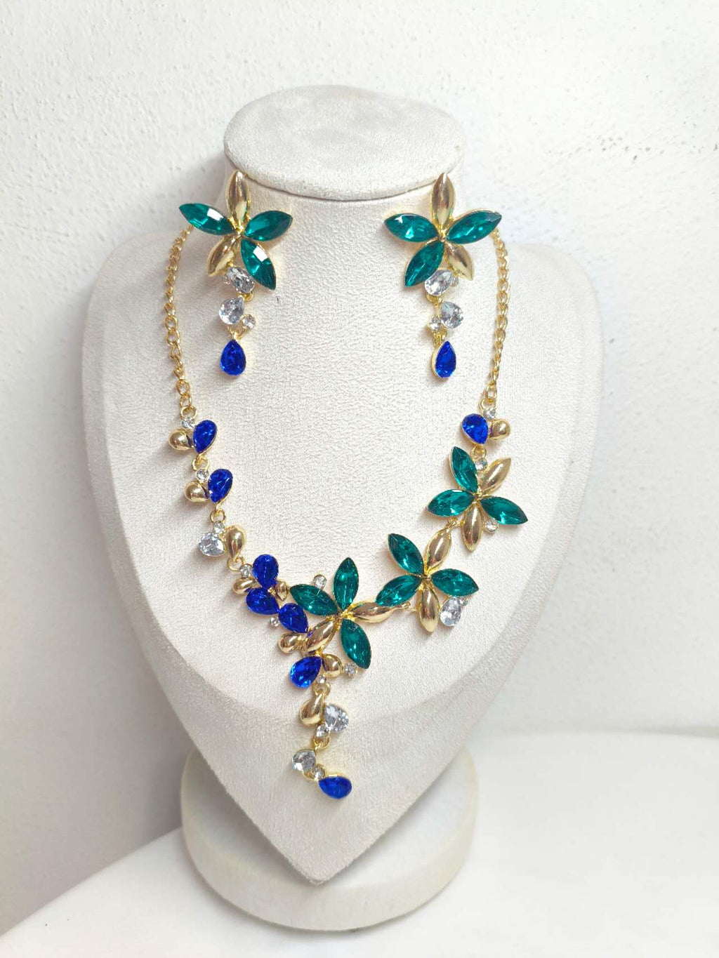 Emerald & Sapphire Floral Crystal Jewelry Set, Formal Wedding Rhinestone Necklace & Earrings Set