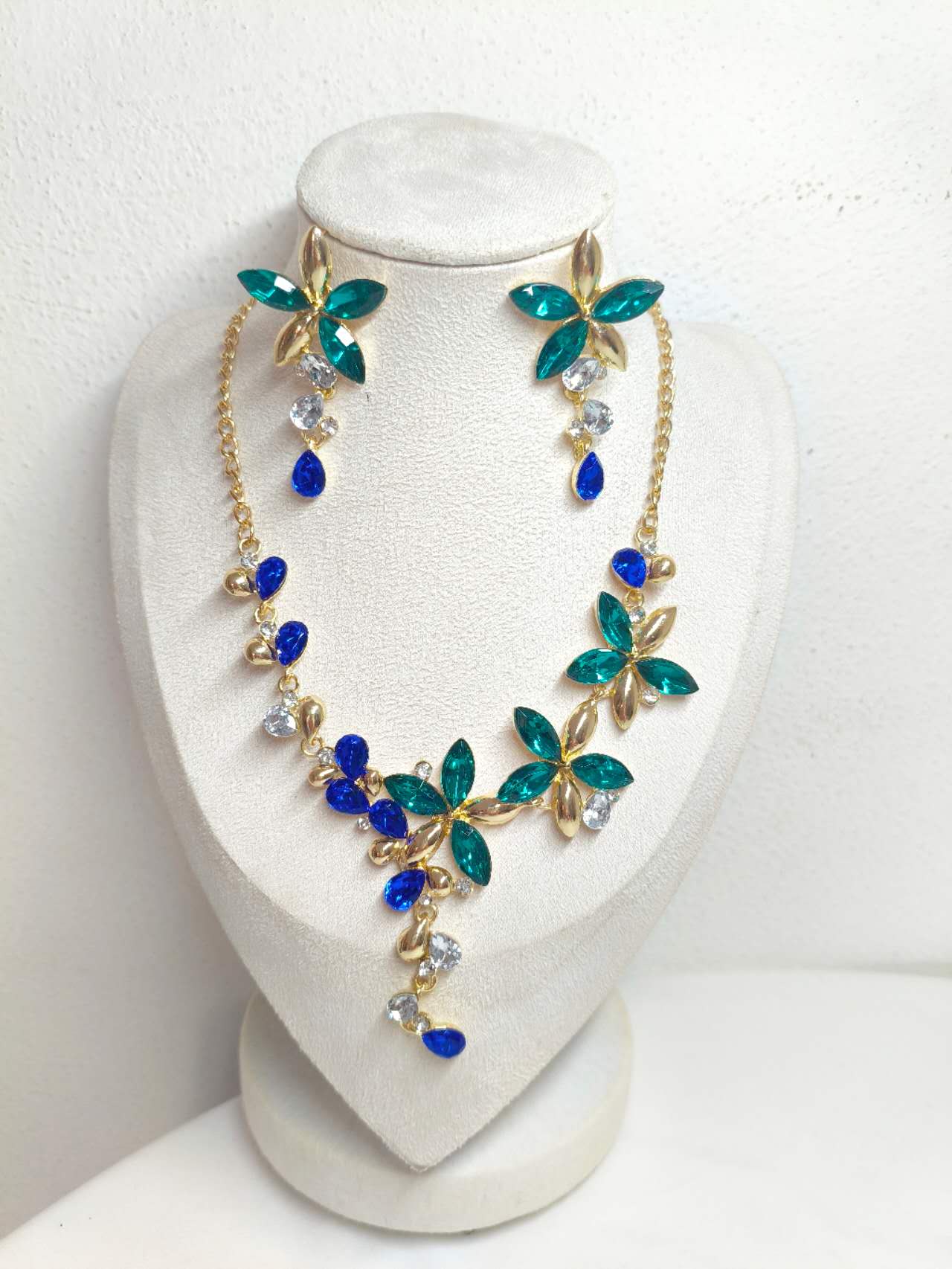 Emerald & Sapphire Floral Crystal Jewelry Set, Formal Wedding Rhinestone Necklace & Earrings Set