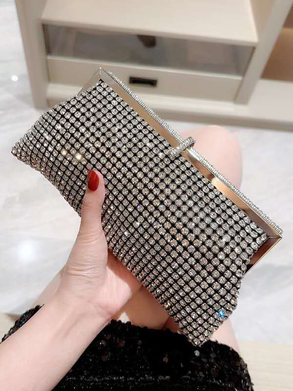 Full Rhinestone Grid Clutch Bag, Silver Crystal Evening Crossbody Purse for Wedding Formal Dress