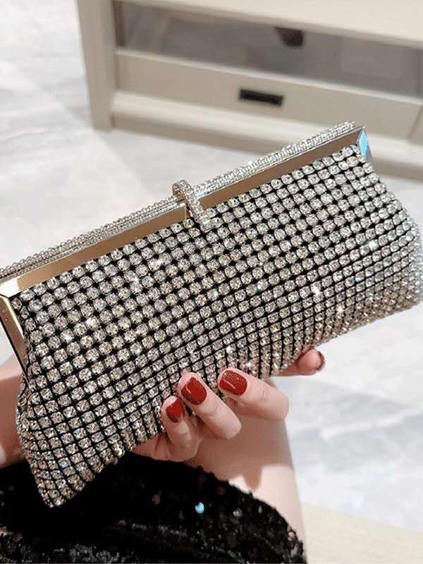 Full Rhinestone Grid Clutch Bag, Silver Crystal Evening Crossbody Purse for Wedding Formal Dress