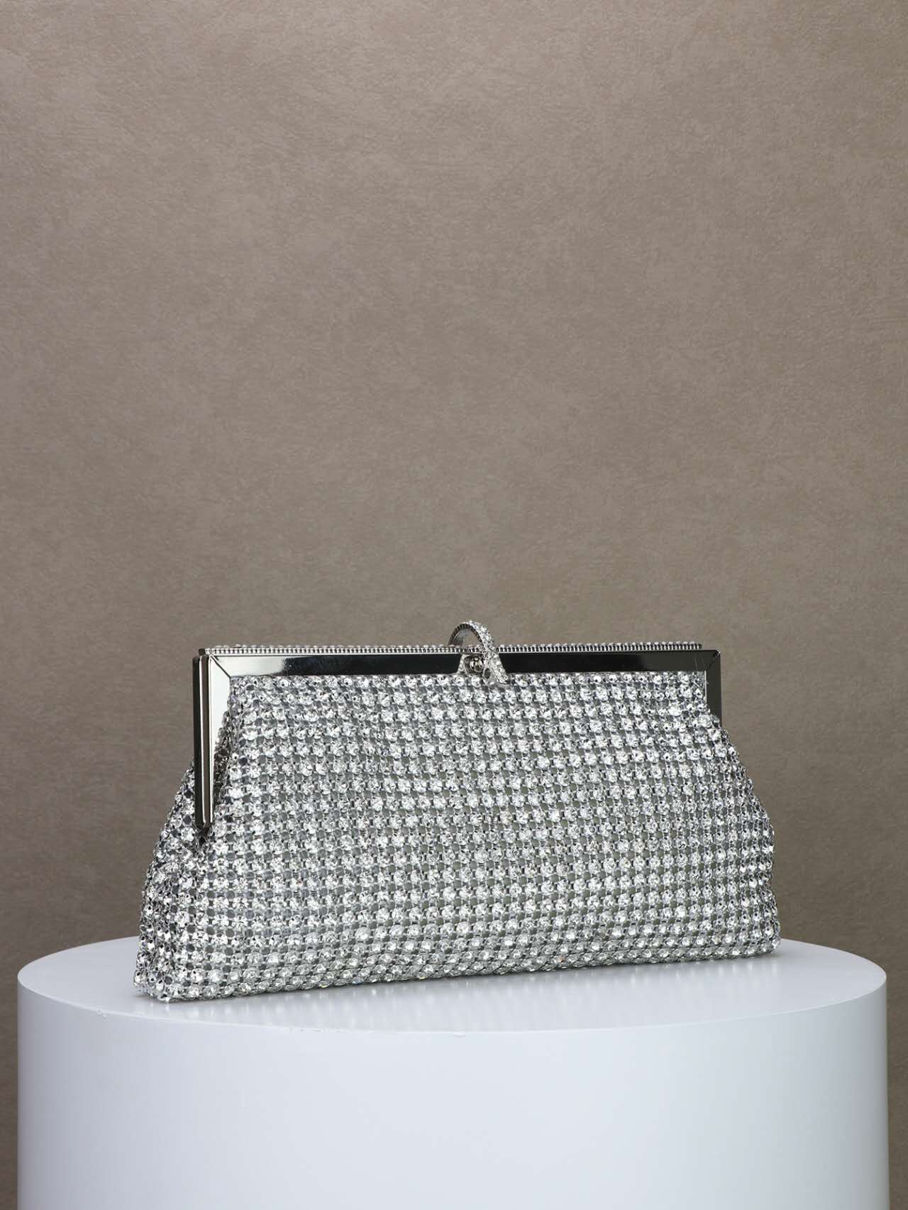Full Rhinestone Grid Clutch Bag, Silver Crystal Evening Crossbody Purse for Wedding Formal Dress