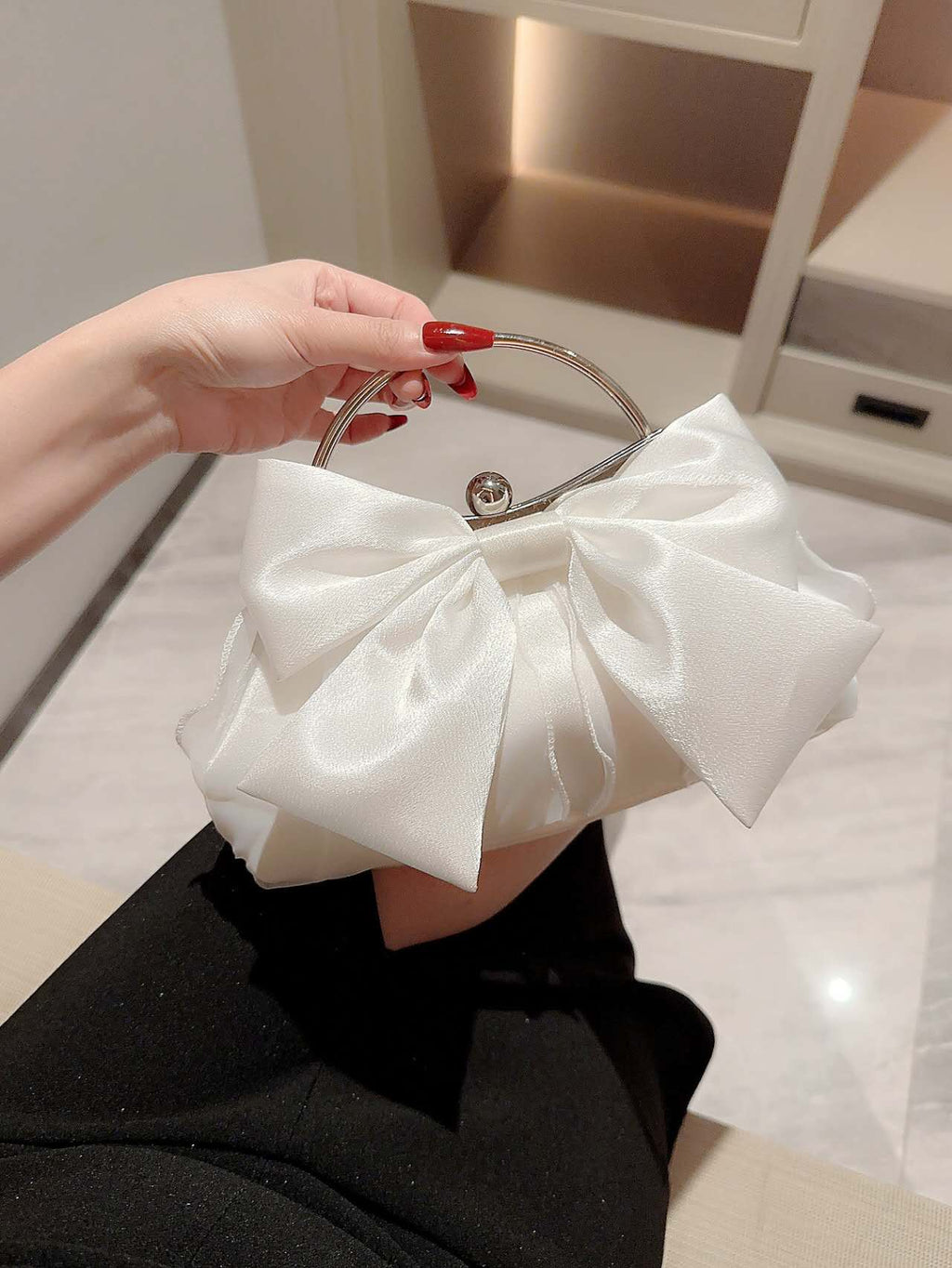 French Big Bow Satin Kiss Lock Clutch, Bridal Wedding Handbag Black & White Evening Crossbody Purse
