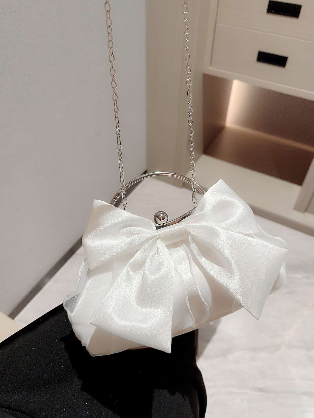 French Big Bow Satin Kiss Lock Clutch, Bridal Wedding Handbag Black & White Evening Crossbody Purse