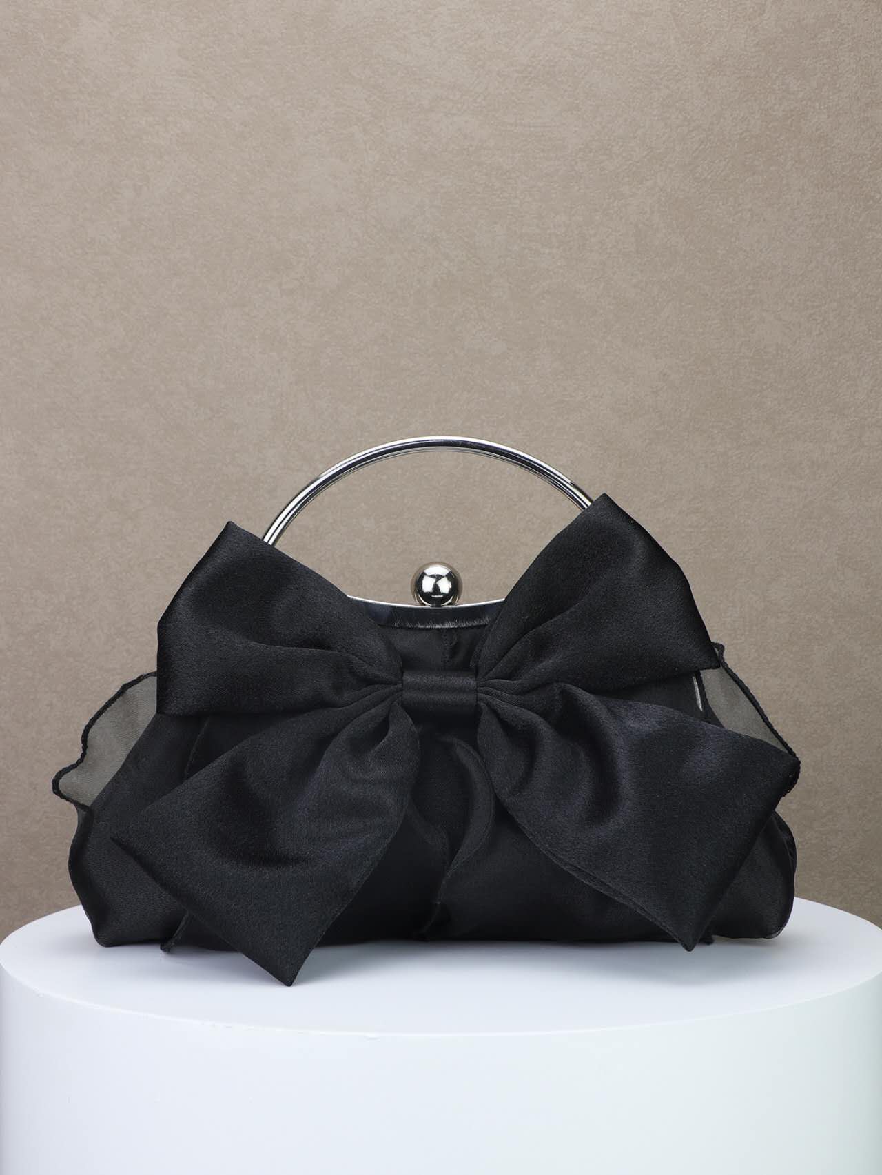 French Big Bow Satin Kiss Lock Clutch, Bridal Wedding Handbag Black & White Evening Crossbody Purse
