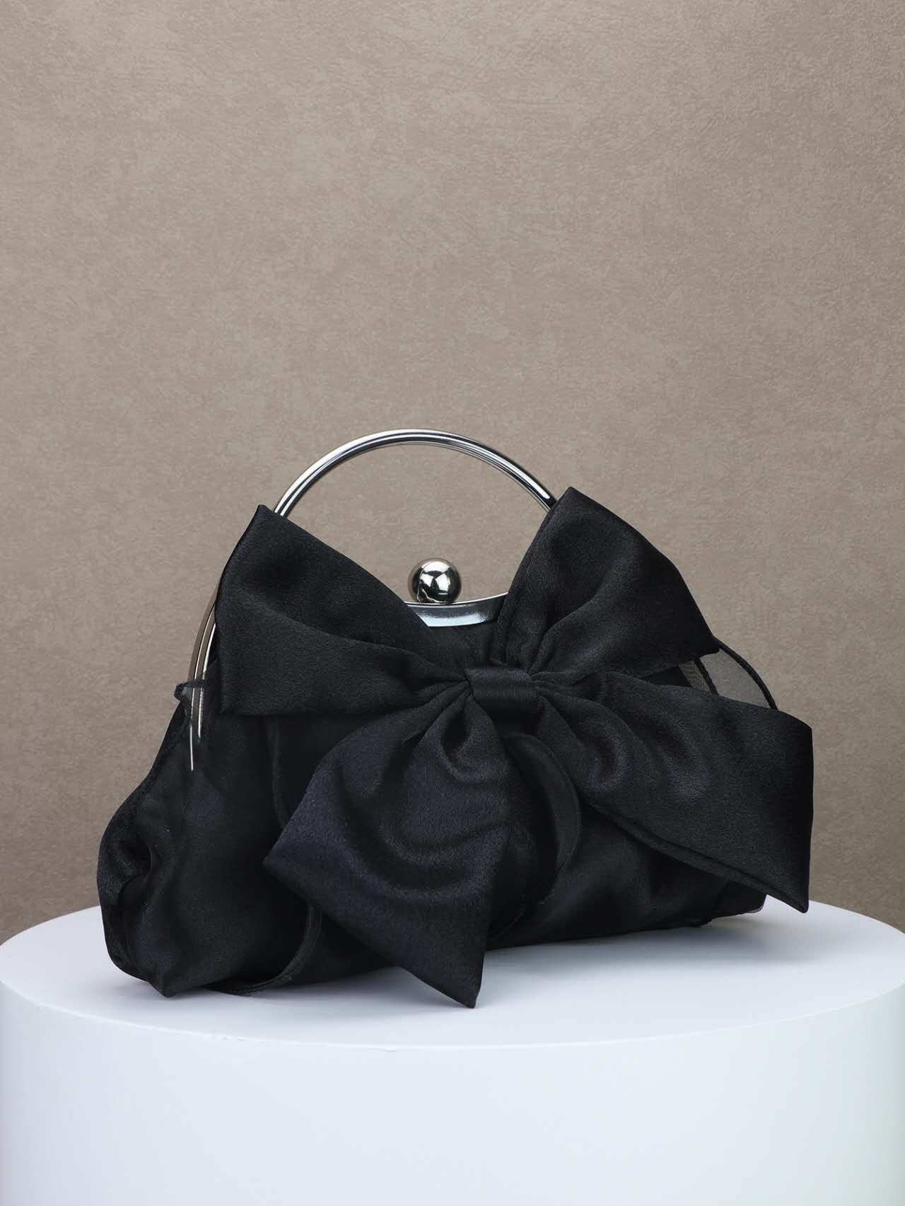French Big Bow Satin Kiss Lock Clutch, Bridal Wedding Handbag Black & White Evening Crossbody Purse
