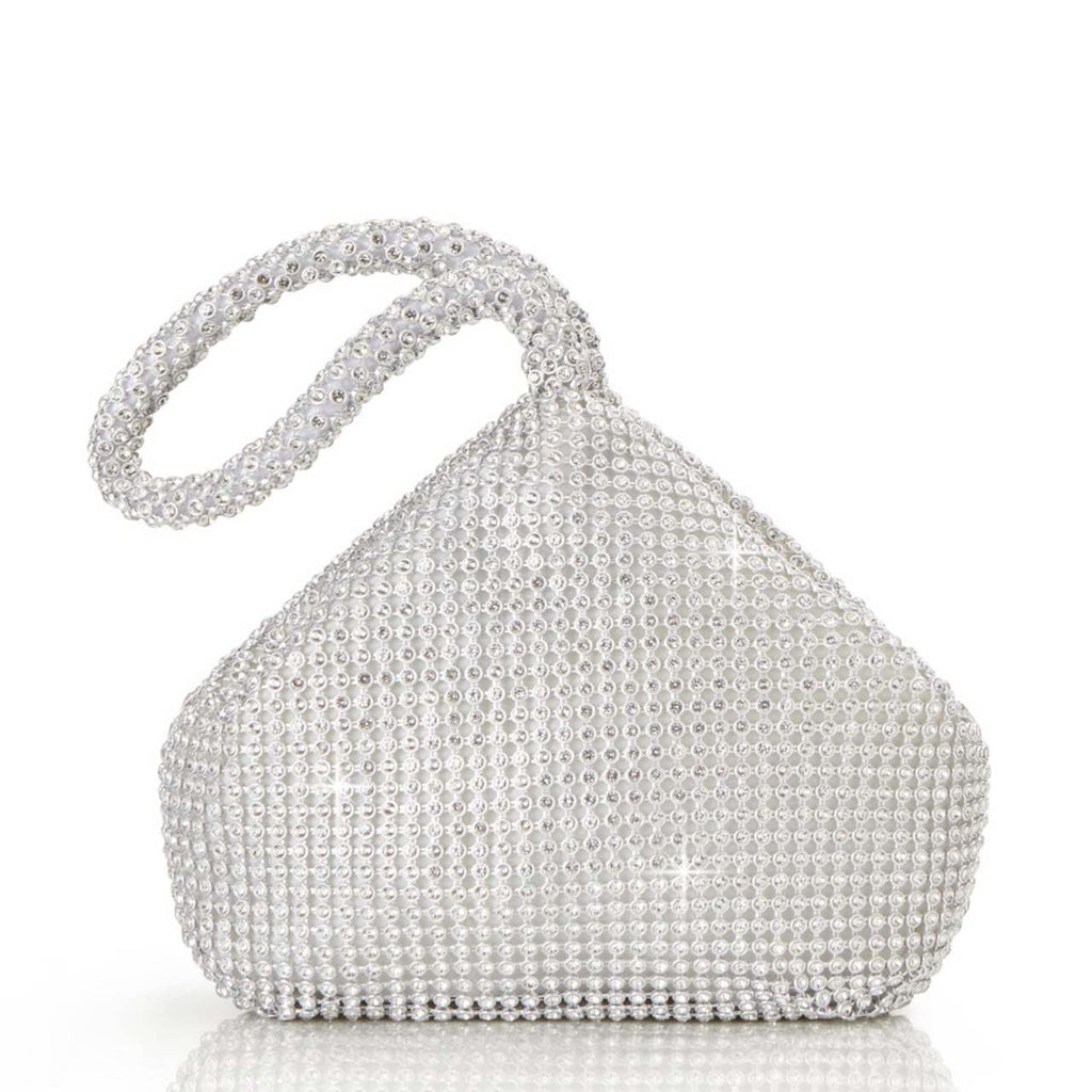 Full Rhinestone Bucket Wrist Clutch, Silver Crystal Evening Handbag for Wedding & Cocktail Party