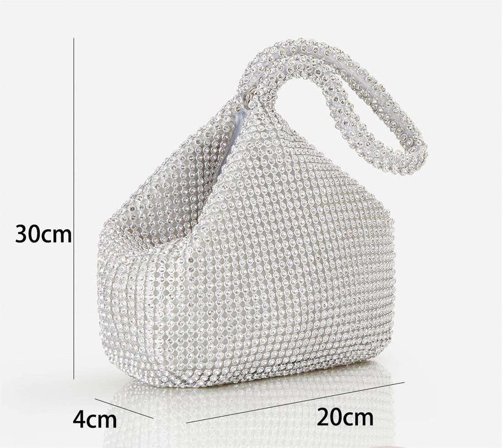 Full Rhinestone Bucket Wrist Clutch, Silver Crystal Evening Handbag for Wedding & Cocktail Party