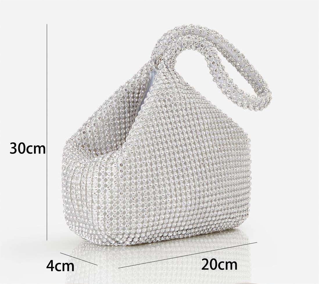 Full Rhinestone Bucket Wrist Clutch, Silver Crystal Evening Handbag for Wedding & Cocktail Party