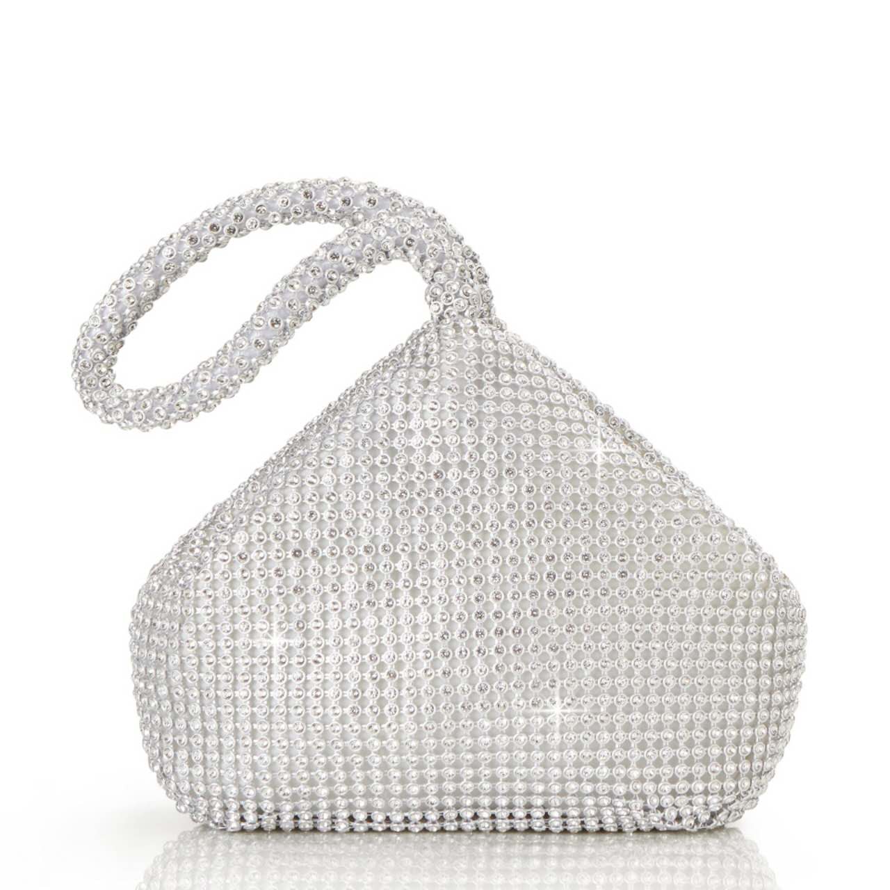 Full Rhinestone Bucket Wrist Clutch, Silver Crystal Evening Handbag for Wedding & Cocktail Party