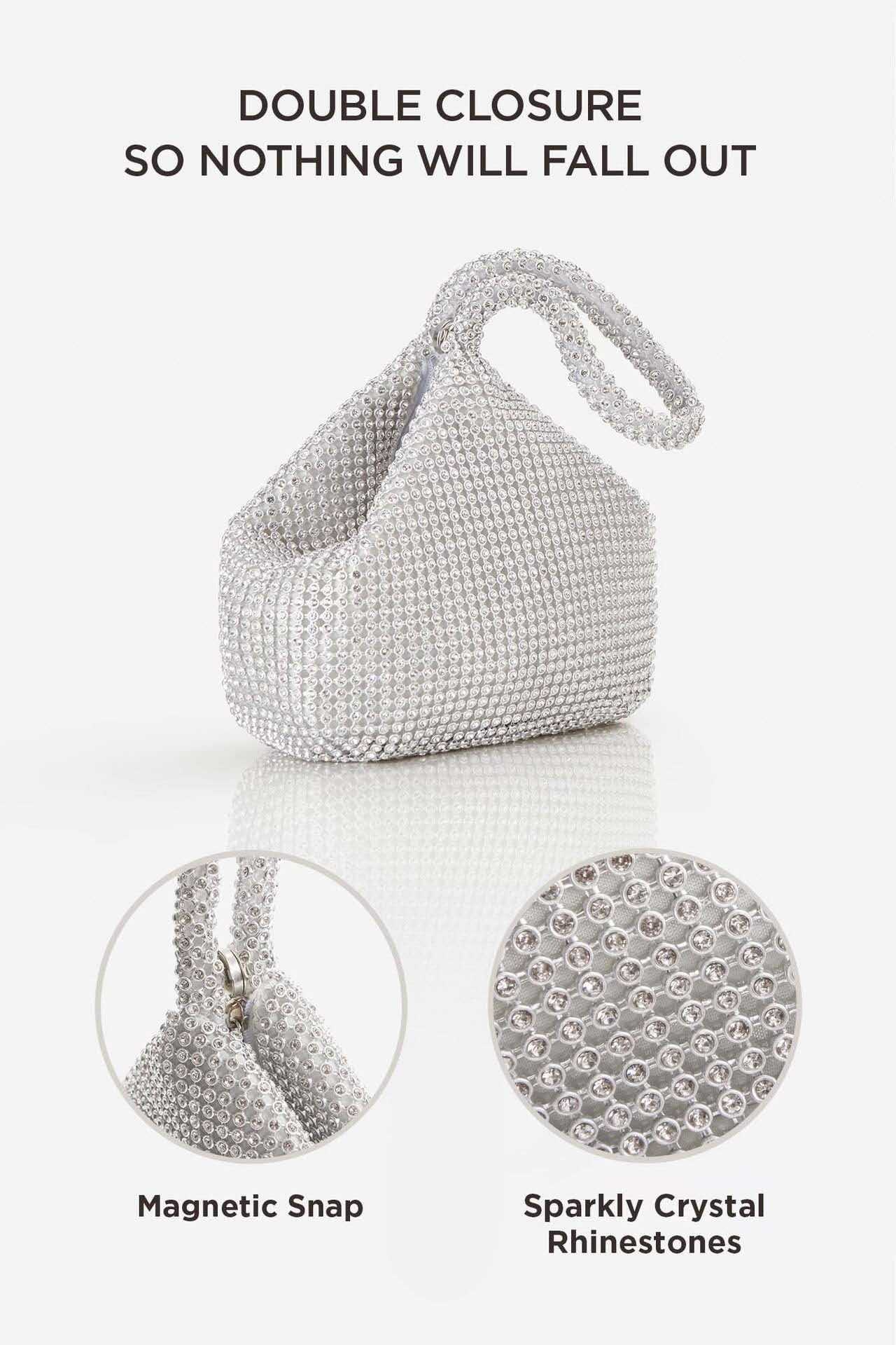 Full Rhinestone Bucket Wrist Clutch, Silver Crystal Evening Handbag for Wedding & Cocktail Party