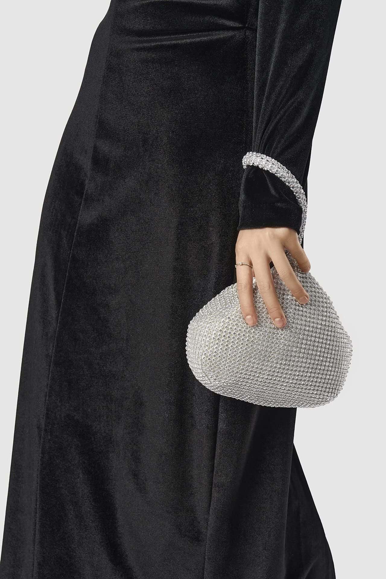 Full Rhinestone Bucket Wrist Clutch, Silver Crystal Evening Handbag for Wedding & Cocktail Party