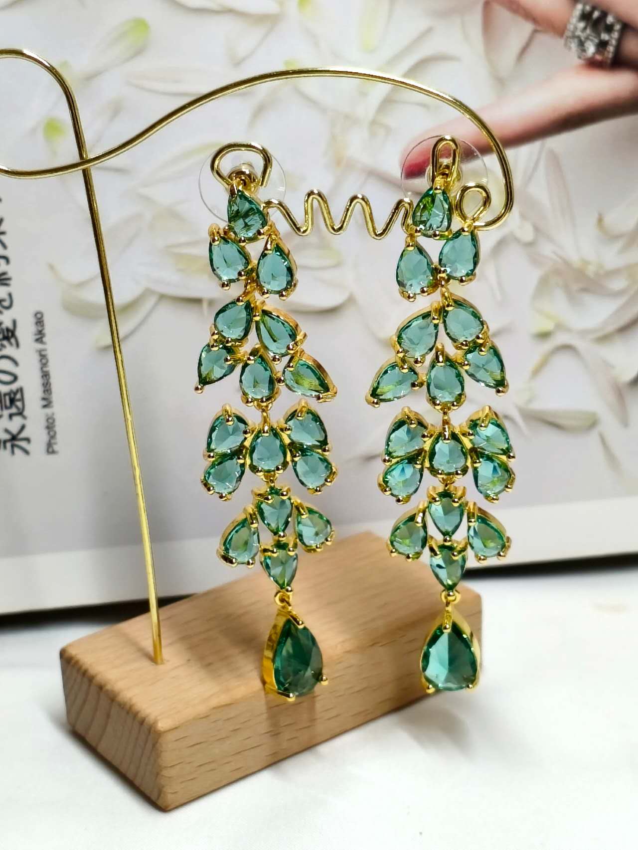 Gradient Green Zircon Wheat Tassel Drop Earrings, Gold Plated Hypoallergenic Evening Wedding Dangle Earrings