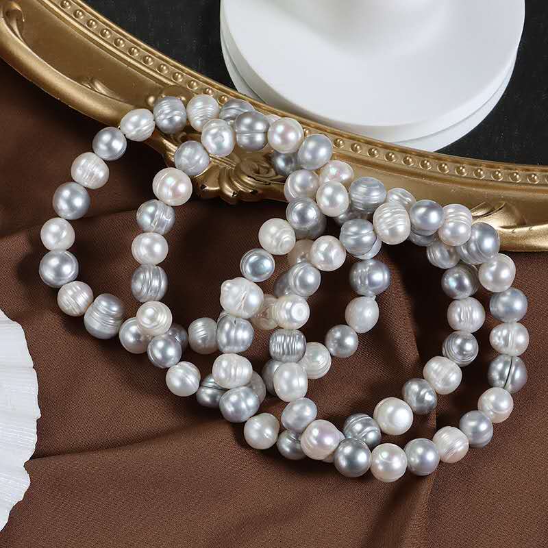 9mm Silver Shade Baroque Freshwater Pearl Stretch Bracelet