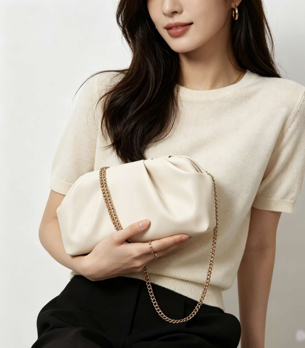 Pleated Cloud Leather Clutch Bag, Multi Color Gold Chain Crossbody Evening & Daily Handbag