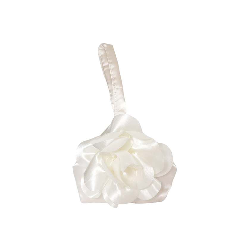 3D Camellia Satin Wrist Clutch, Black & White Floral Evening Handbag for Wedding Bridal Dress