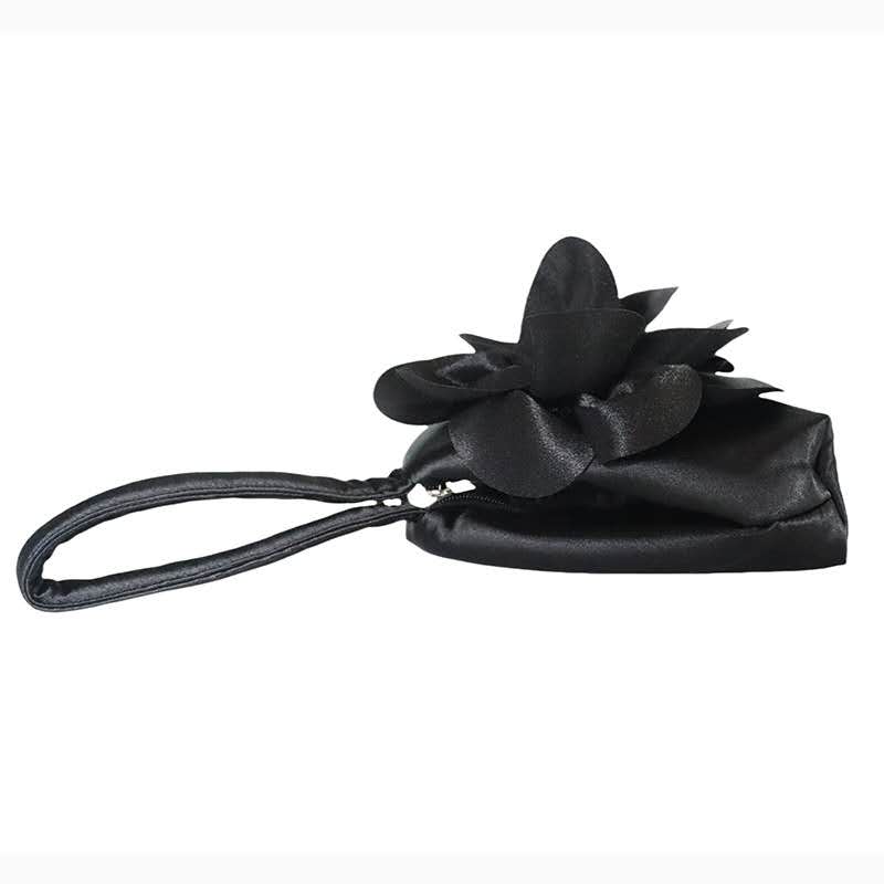 3D Camellia Satin Wrist Clutch, Black & White Floral Evening Handbag for Wedding Bridal Dress