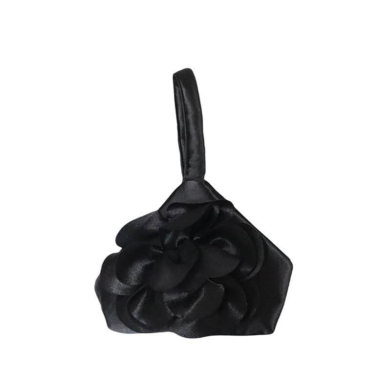 3D Camellia Satin Wrist Clutch, Black & White Floral Evening Handbag for Wedding Bridal Dress