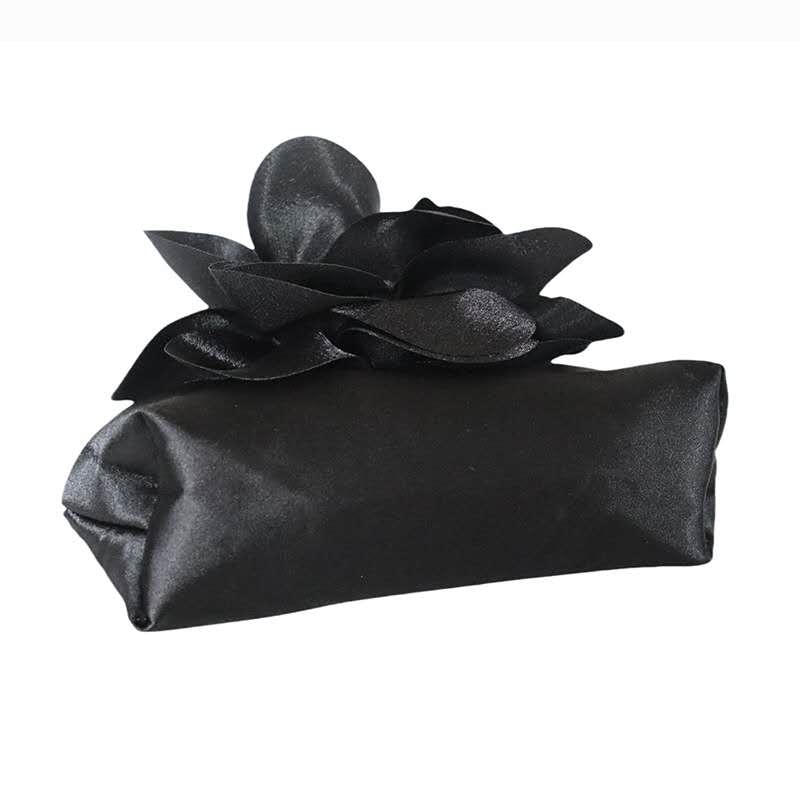 3D Camellia Satin Wrist Clutch, Black & White Floral Evening Handbag for Wedding Bridal Dress