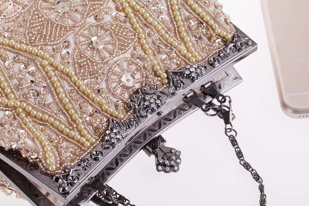 Hand Beaded Rhinestone Kiss Lock Clutch, Vintage Champagne Pearl Top Handle Wedding Evening Crossbody Bag