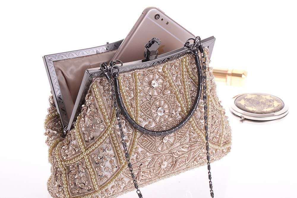 Hand Beaded Rhinestone Kiss Lock Clutch, Vintage Champagne Pearl Top Handle Wedding Evening Crossbody Bag