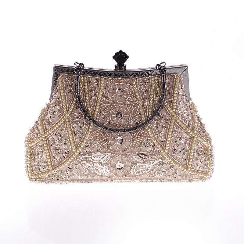 Hand Beaded Rhinestone Kiss Lock Clutch, Vintage Champagne Pearl Top Handle Wedding Evening Crossbody Bag