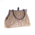 Hand Beaded Rhinestone Kiss Lock Clutch, Vintage Champagne Pearl Top Handle Wedding Evening Crossbody Bag