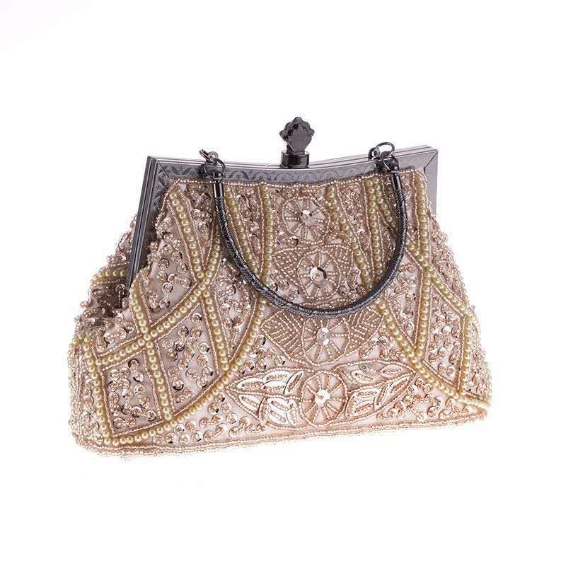Hand Beaded Rhinestone Kiss Lock Clutch, Vintage Champagne Pearl Top Handle Wedding Evening Crossbody Bag