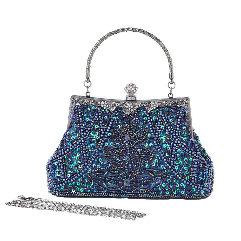Iridescent Blue Hand Beaded Sequin Clutch, Vintage Evening Wedding Top Handle Crossbody Purse