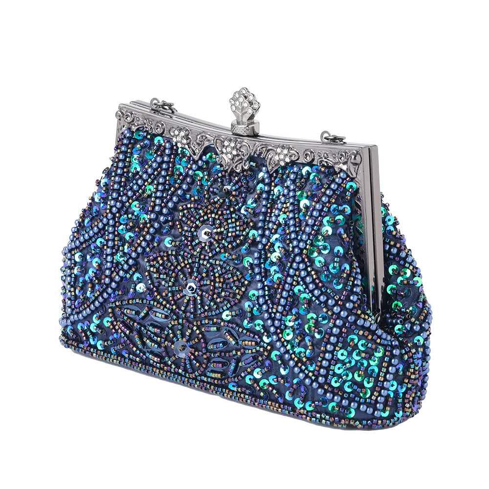 Iridescent Blue Hand Beaded Sequin Clutch, Vintage Evening Wedding Top Handle Crossbody Purse