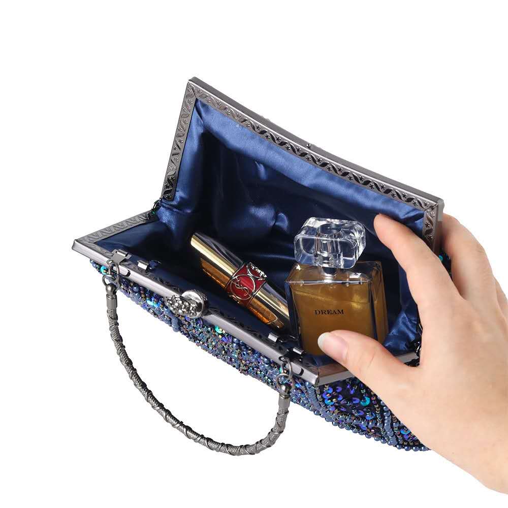 Iridescent Blue Hand Beaded Sequin Clutch, Vintage Evening Wedding Top Handle Crossbody Purse